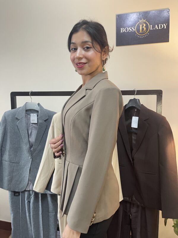 Light Brown Side Ruffle Single Breasted Formal Blazer - Image 2